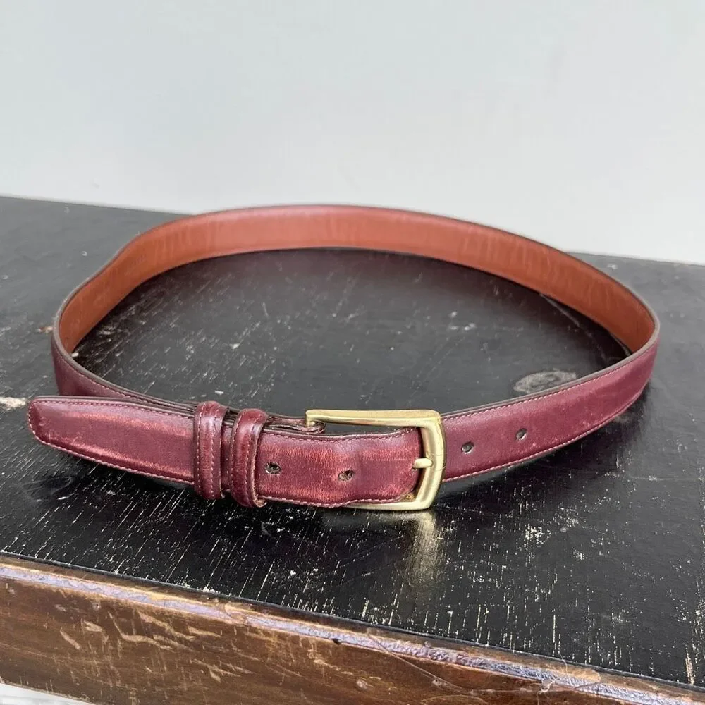 VTG Lands End Leather Belt 34 Oxblood Burgundy Brass Buckle Made USA Preppy